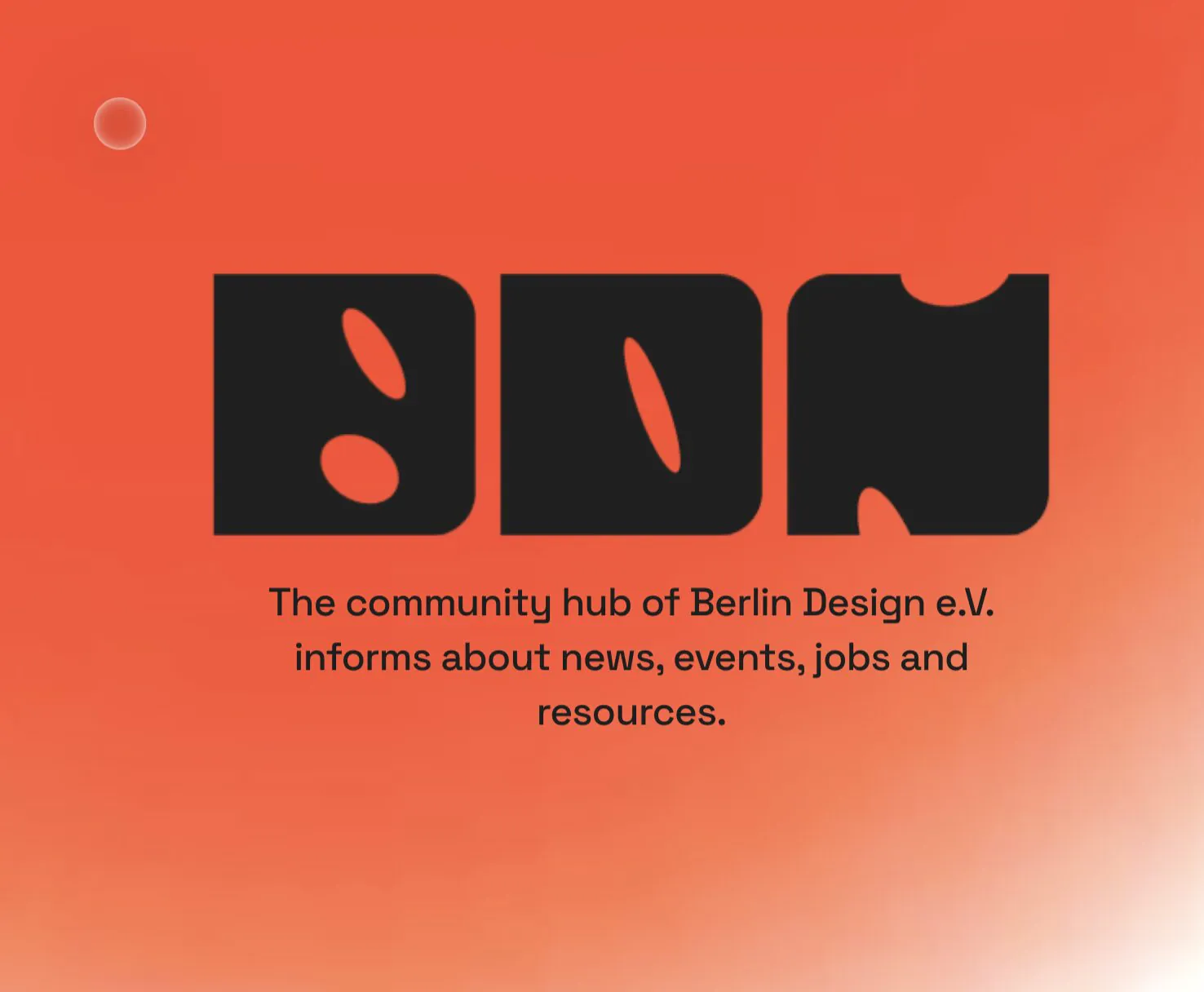 Logo des Berlin Design Network auf orangefarbenem Verlauf mit dem Hinweis auf News, Events und Jobs