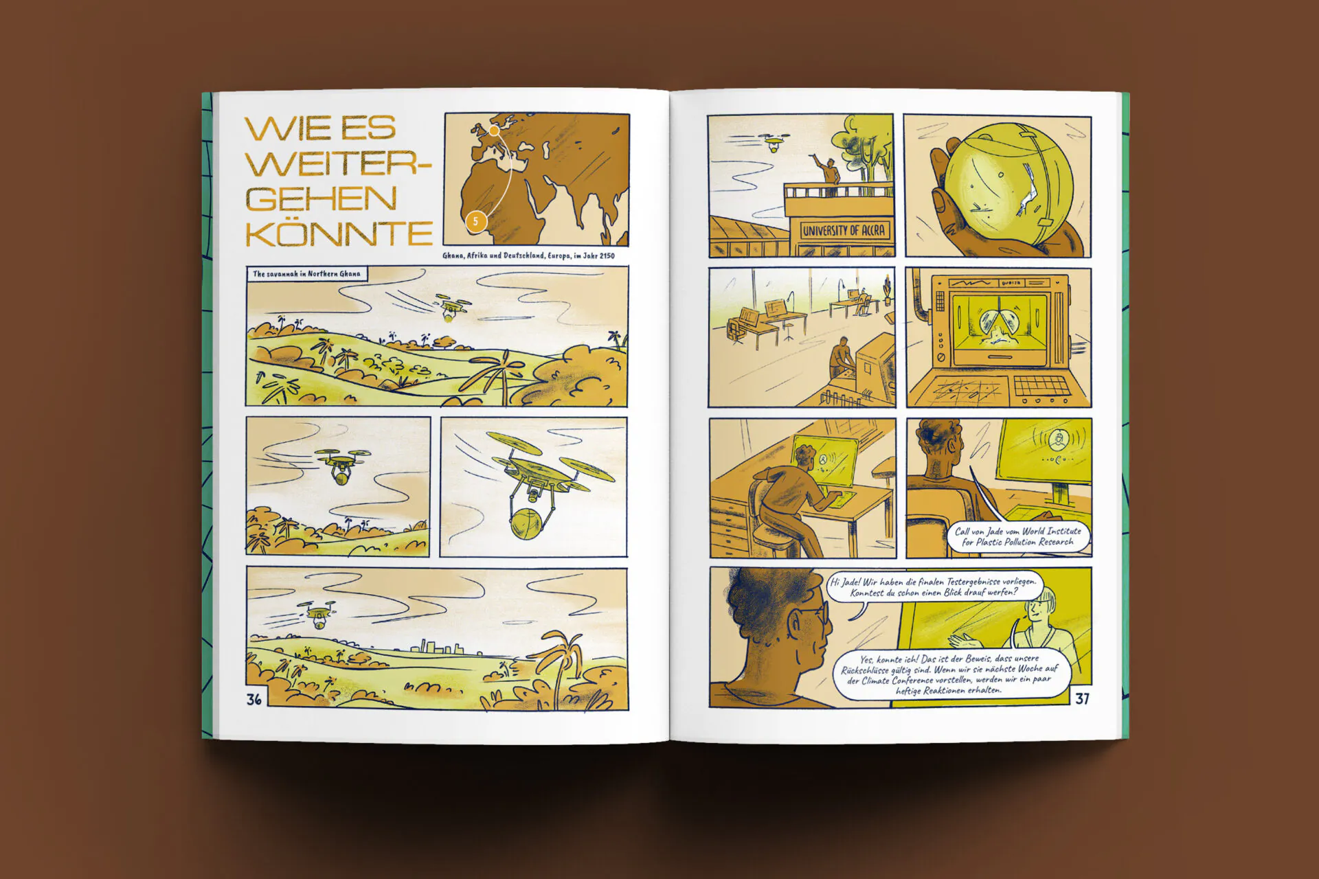 Aufgeschlagene Doppelseite eines Wissenschaftscomics der Young Academy for Sustainability mit dem Kapitel „Wie es weitergehen könnte“