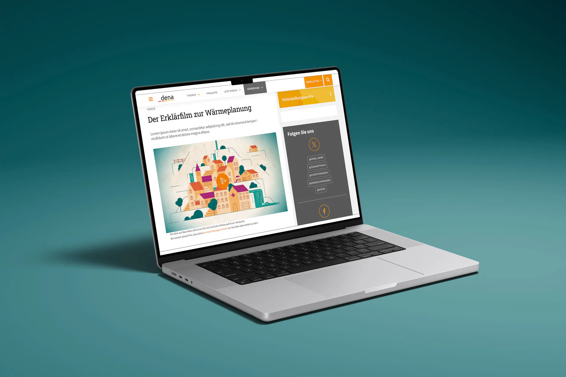 Laptop-Mockup der dena-Website mit dem Erklärfilm zur kommunalen Wärmeplanung