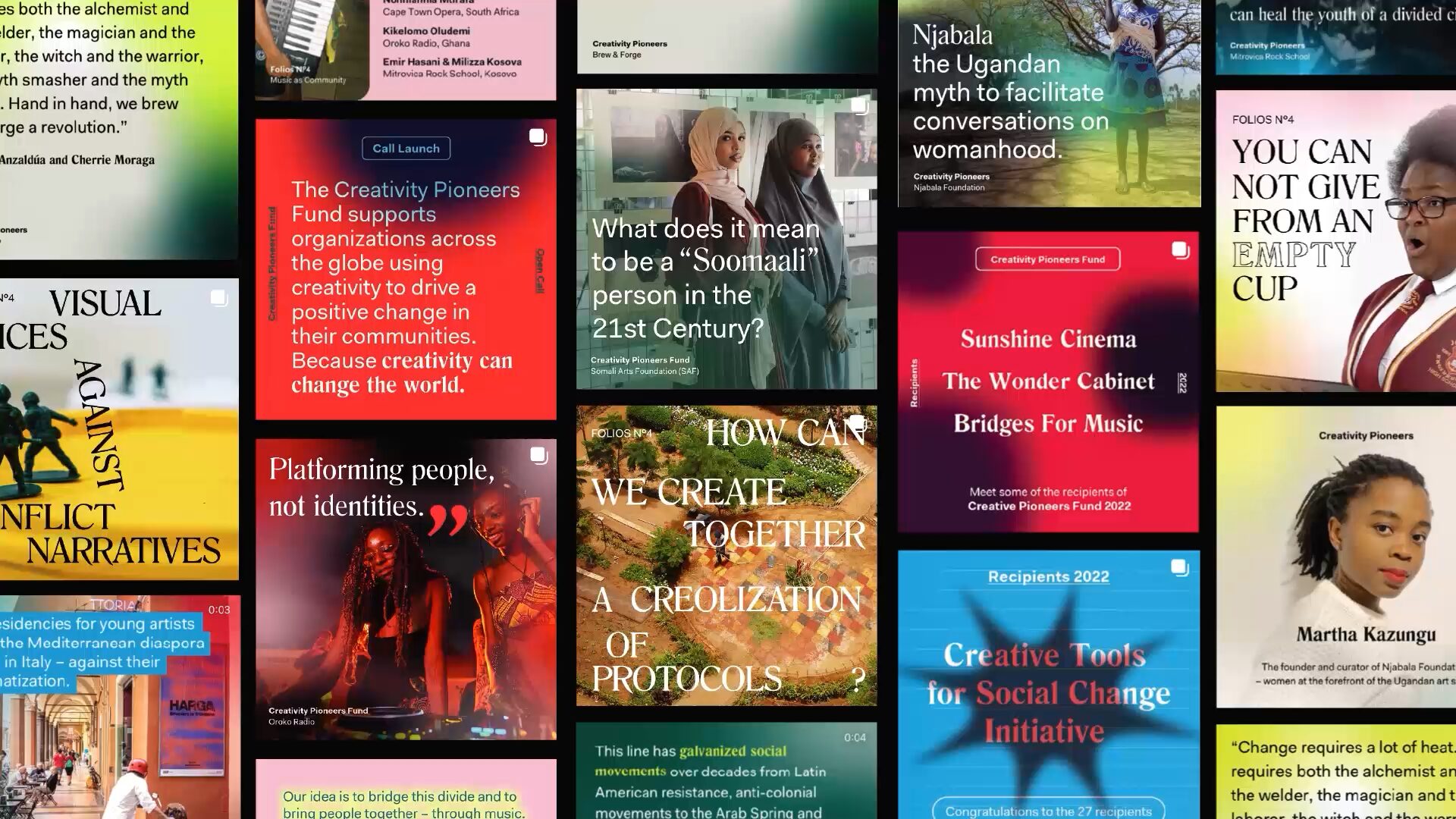 Collage aus Social-Media-Beiträgen des Creativity Pioneers Fund mit Zitaten, Porträts und Ankündigungen