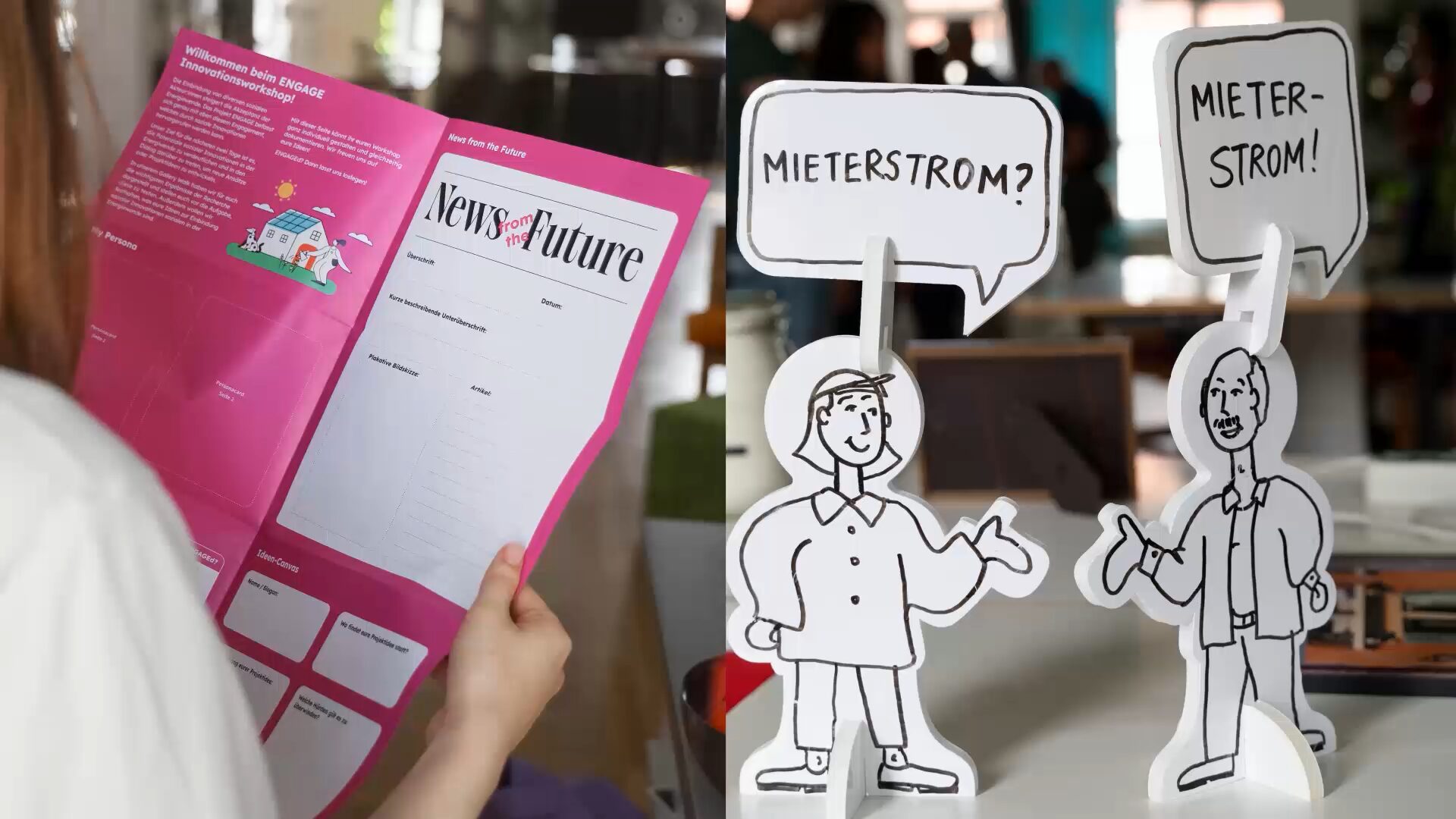 Workshop-Material mit Arbeitsblatt „News from the Future“ und Papierfiguren mit Sprechblasen „Mieterstrom?“ und „Mieterstrom!“