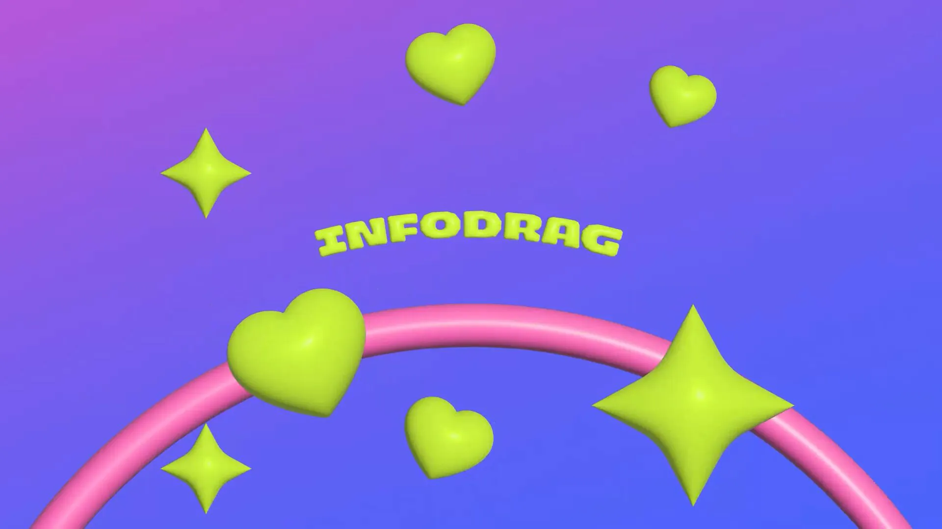 Schriftzug „Infodrag“ in Limettengrün zwischen 3D-Herzen und Sternen vor violettem Farbverlauf mit rosa Bogen
