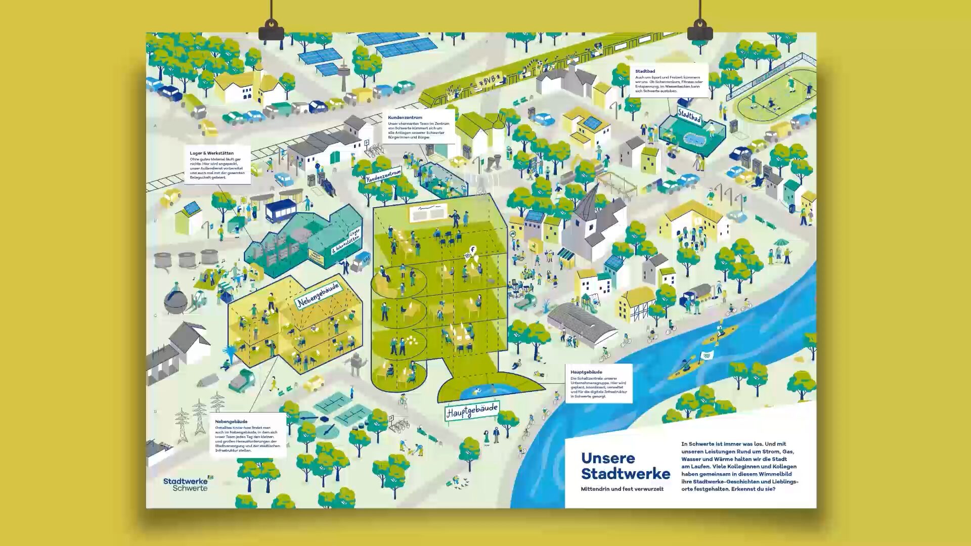 Illustriertes Wimmelbild-Plakat „Unsere Stadtwerke“ der Stadtwerke Schwerte mit Gebäuden, Fluss und Mitarbeitenden