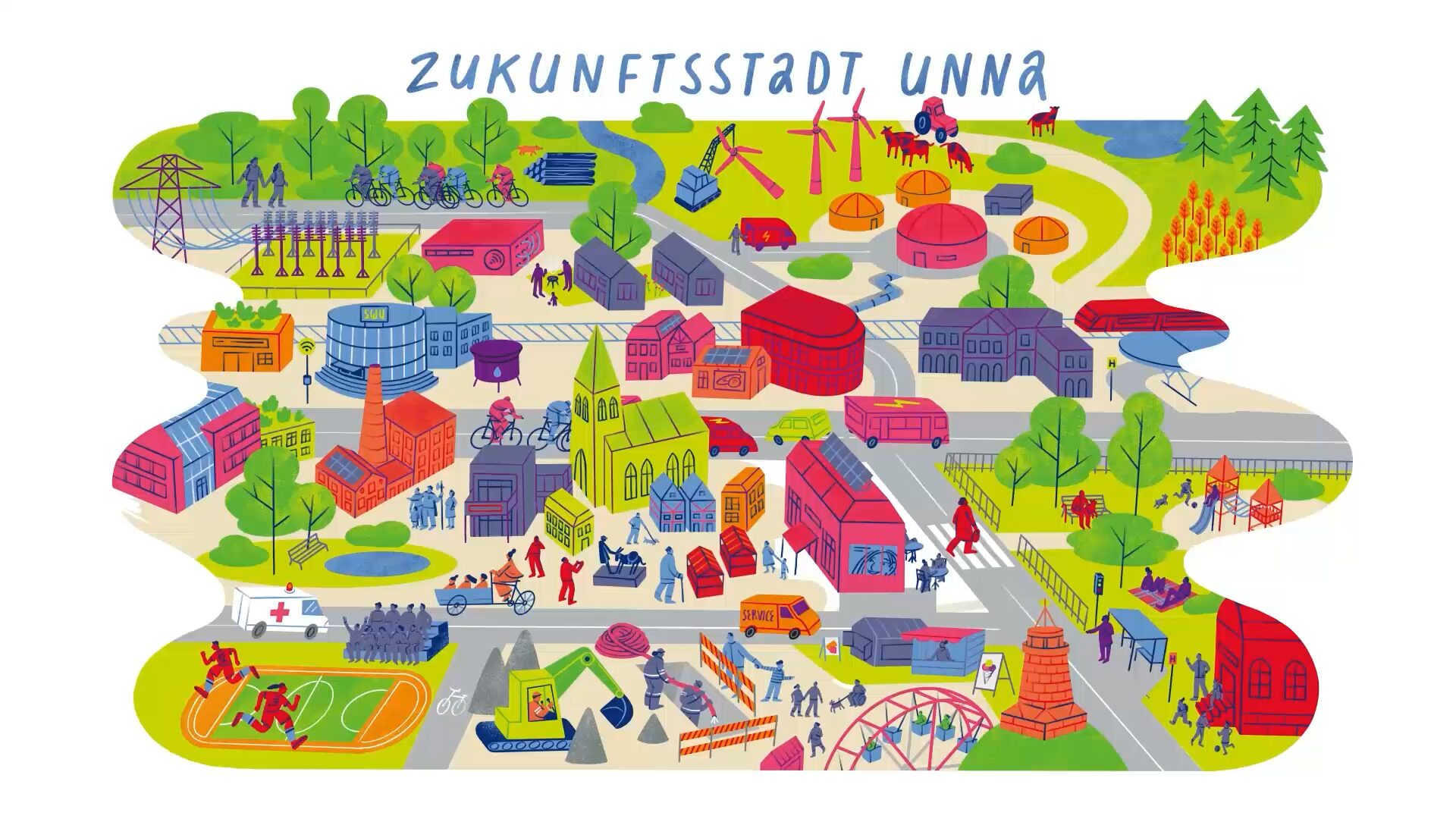 Bunte Wimmelbild-Illustration der Zukunftsstadt Unna mit Wohnhäusern, Windrädern, Radwegen und Sportplatz